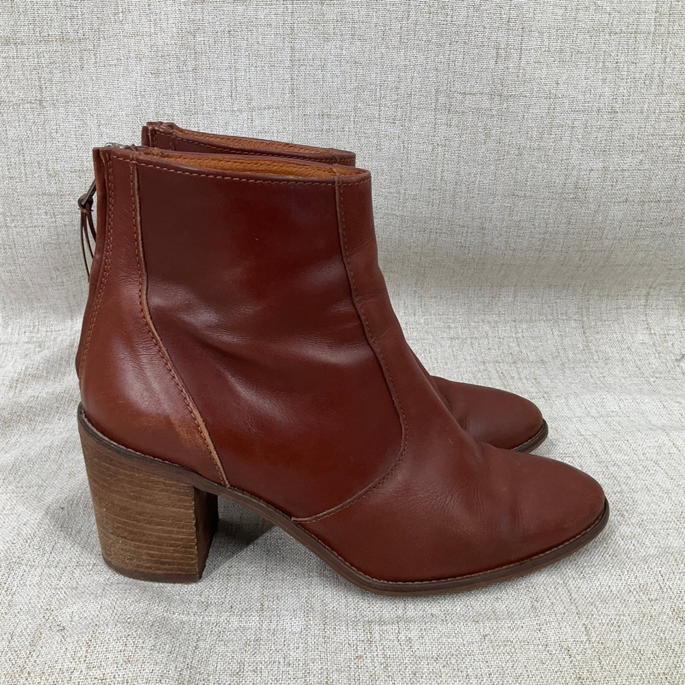 Madewell Ankle Boots Women 9.5 Cognac Leather Block Heel Back Zip Classic Boho